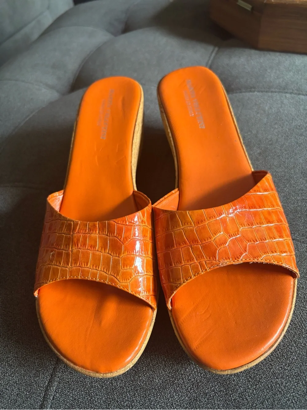 Orange Cork Slide on Wedges by Marzia Vellutini Made in Italy measured 8.5